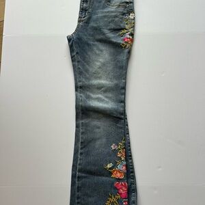 Dark Blue Floral-Embroidered Wide Leg Jeans Falmingals Brand